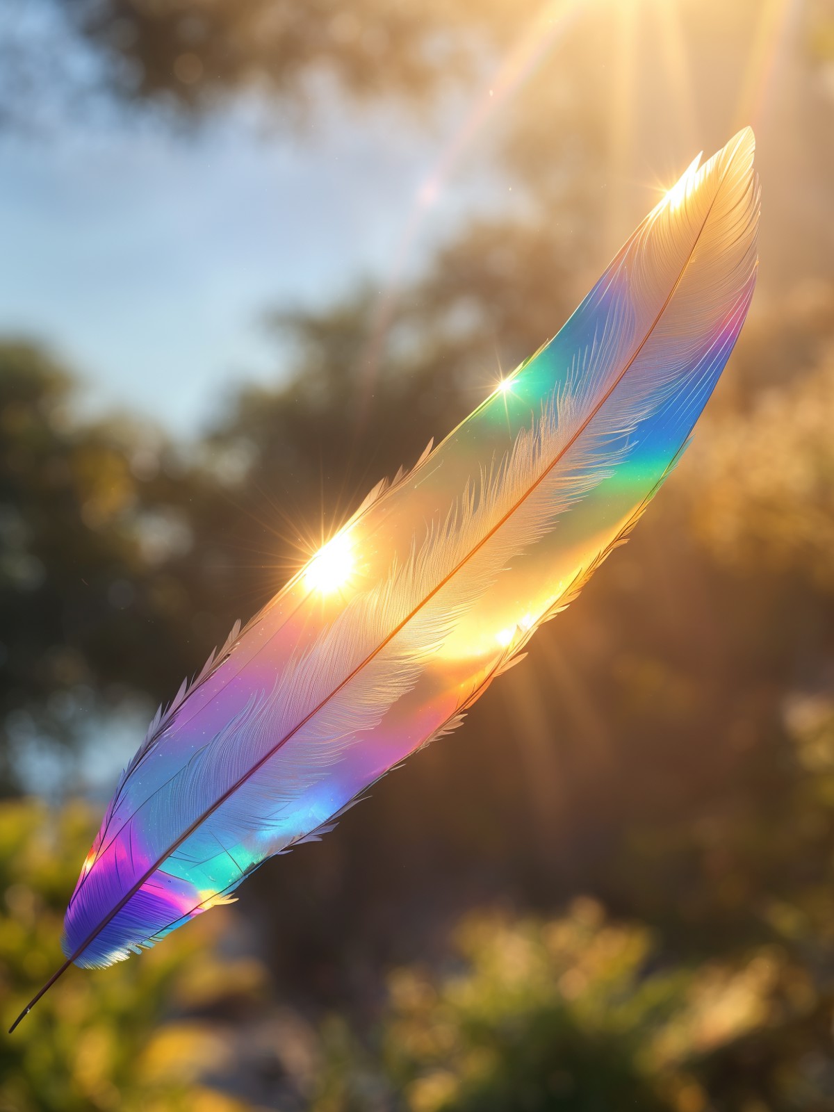 A delicate glass feather floating down to the ground, reflecting sunlight in rainbow hues.